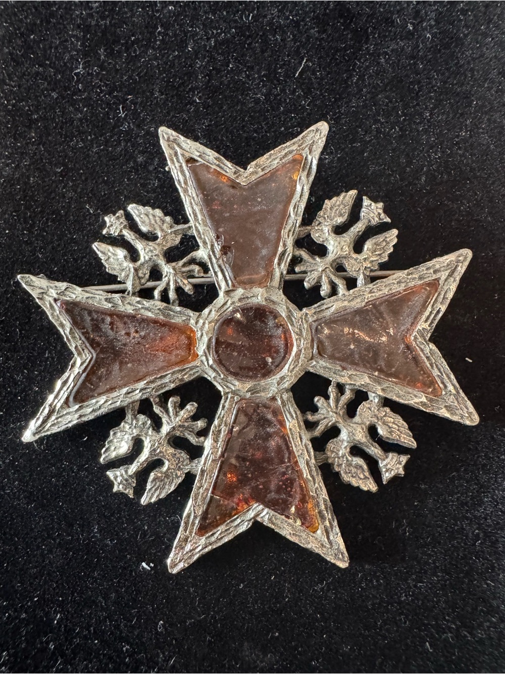 Vintage Maltese Star Cross resin glass brooch Amber Glass and Silver Tone.